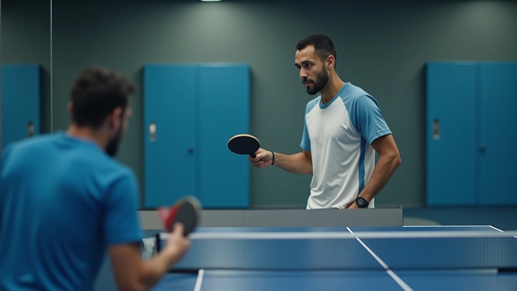 لاعب تنس طاولة يحلل تقنية الإرسال أمام مرآة في غرفة التدريب